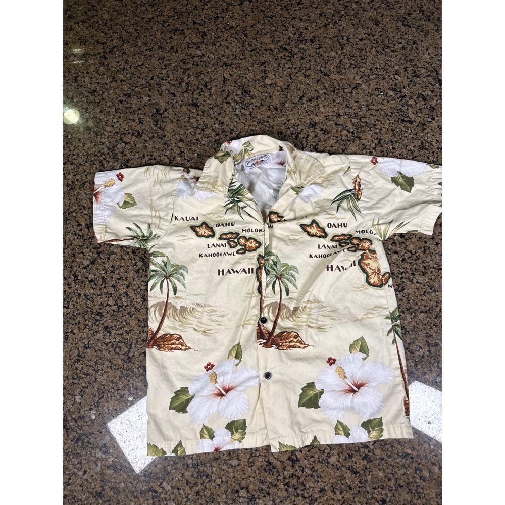 Pacific Legend Hawaii Map Hibiscus Palm Tree Button Up Shirt Cream Made in USA